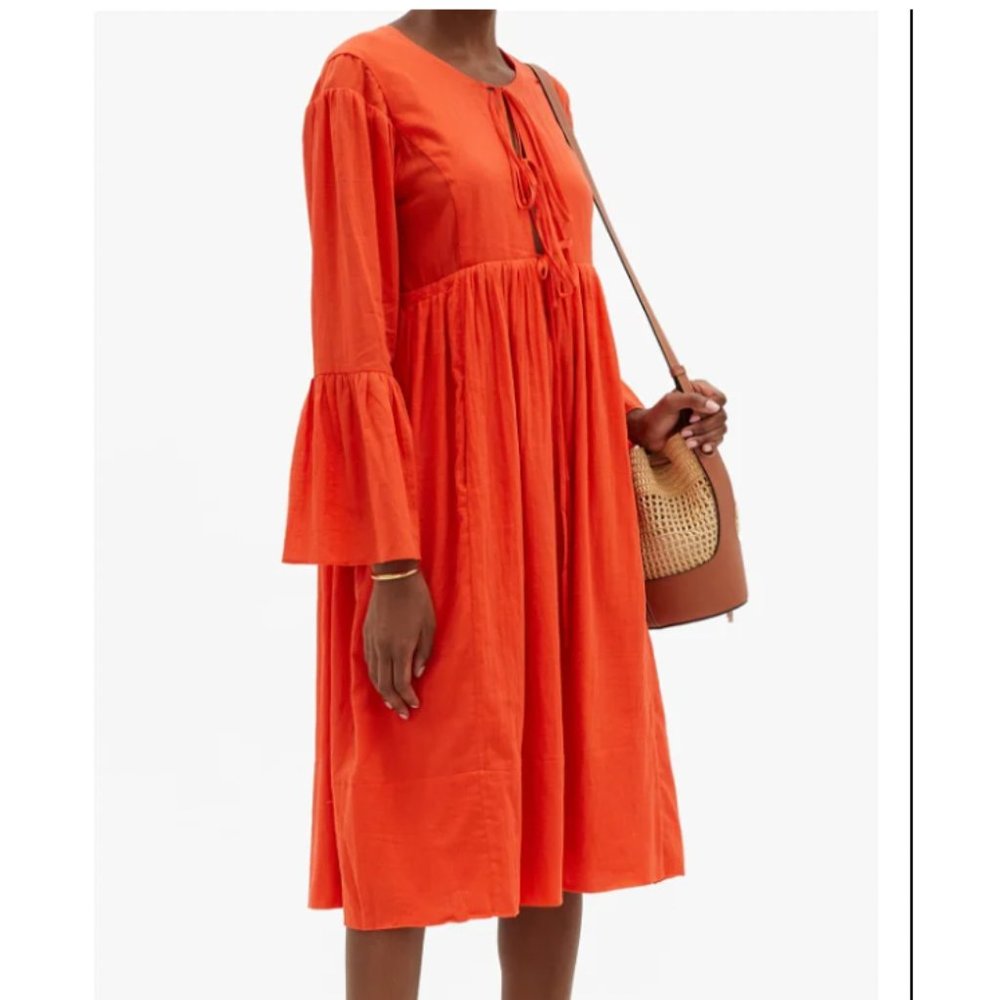 Loup Charmant Bright Orange Tiered Long-Sleeve Midi Dress